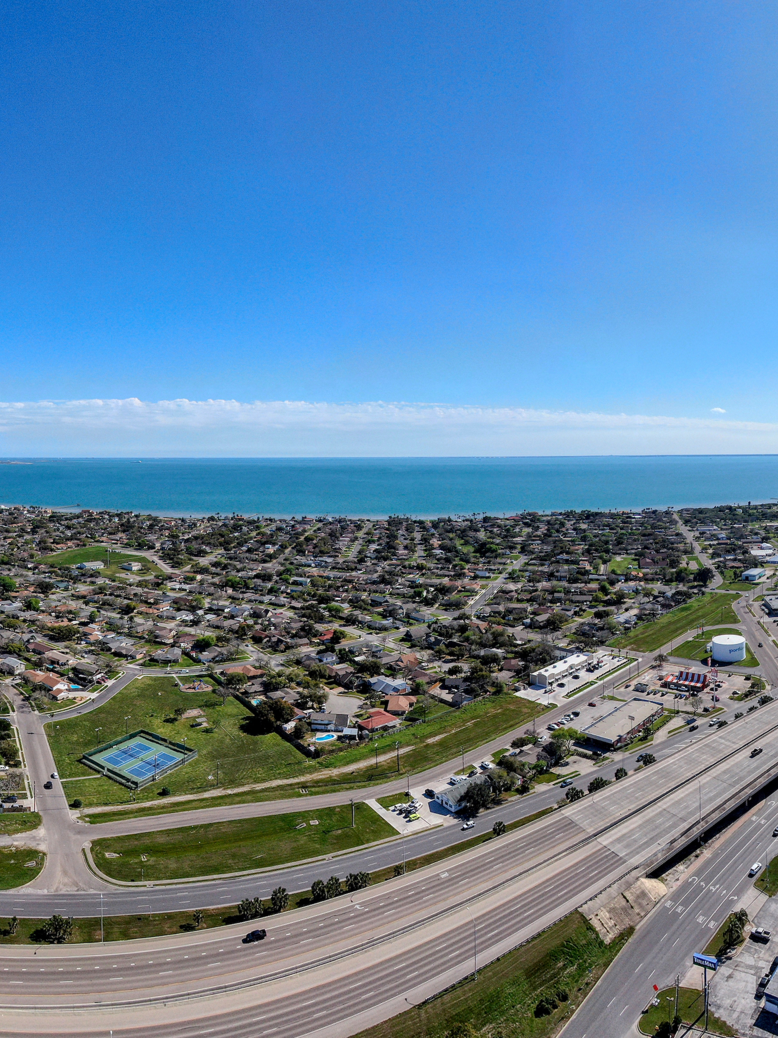 Aerial view of the bay overseeing a neighboorhood